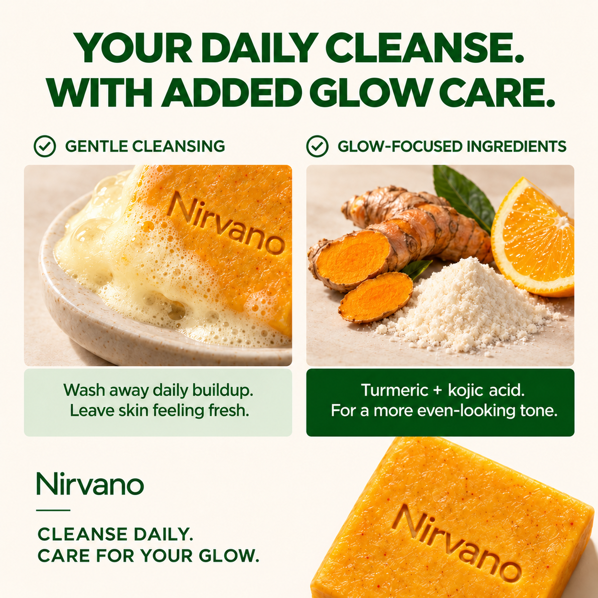 Nirvano Turmeric Fade & Glow Bar — your daily cleanse with added glow care