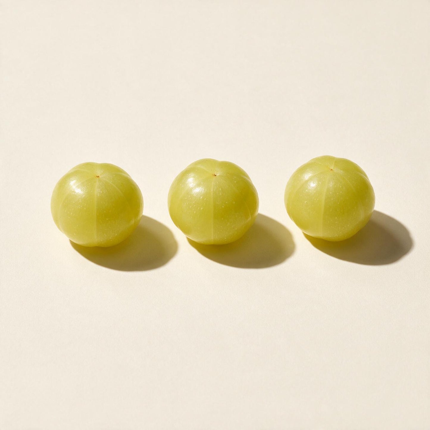 Fresh amla fruits (Phyllanthus emblica) on a seamless off-white background
