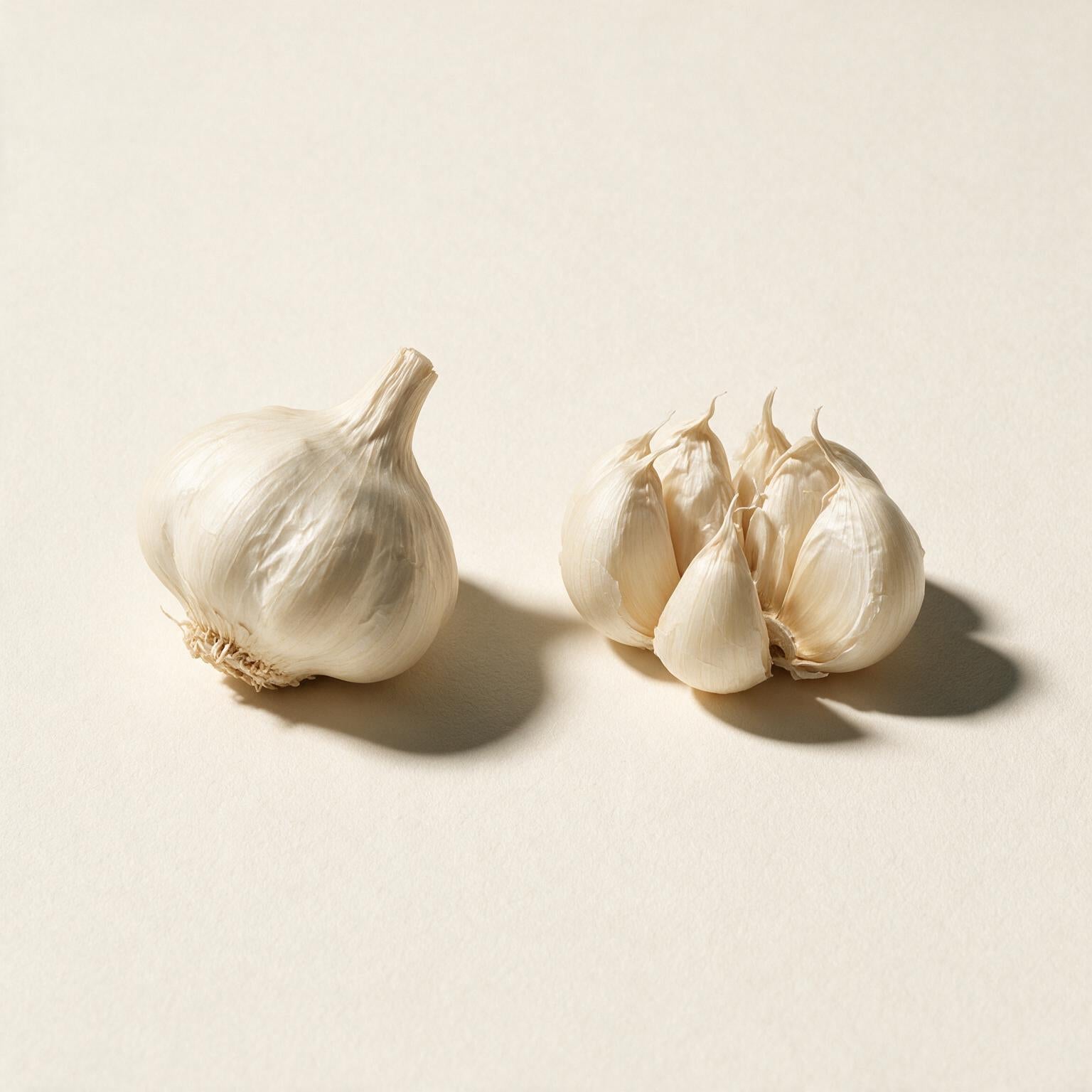 Garlic bulbs and cloves (Allium sativum) on a seamless off-white background